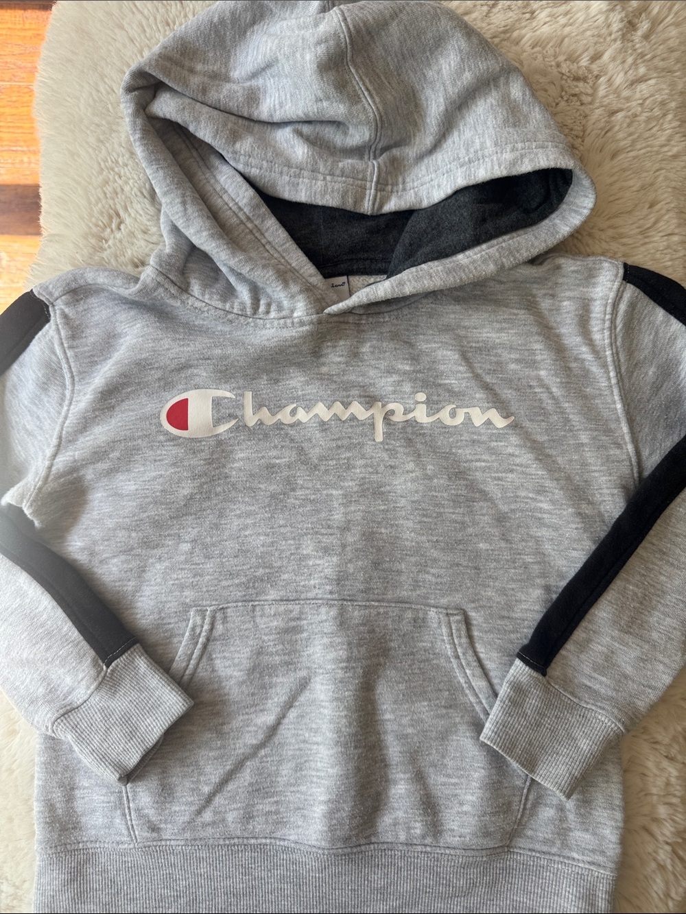 Champion 5T Grey Hoodie with Black Sleeve Stripes and Red Logo Accent